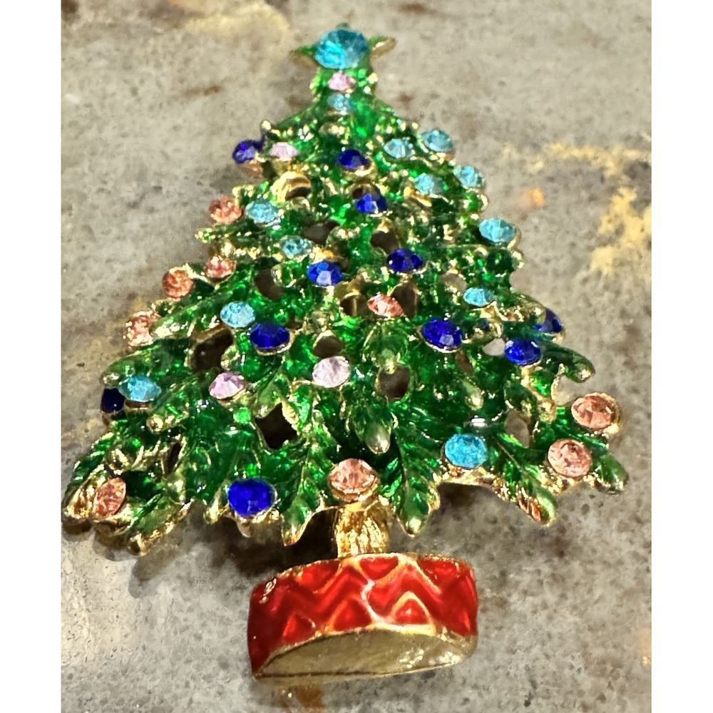 Christmas Tree Brooch Aqua Pink Blue Rhinestone Holiday Pin Vintage